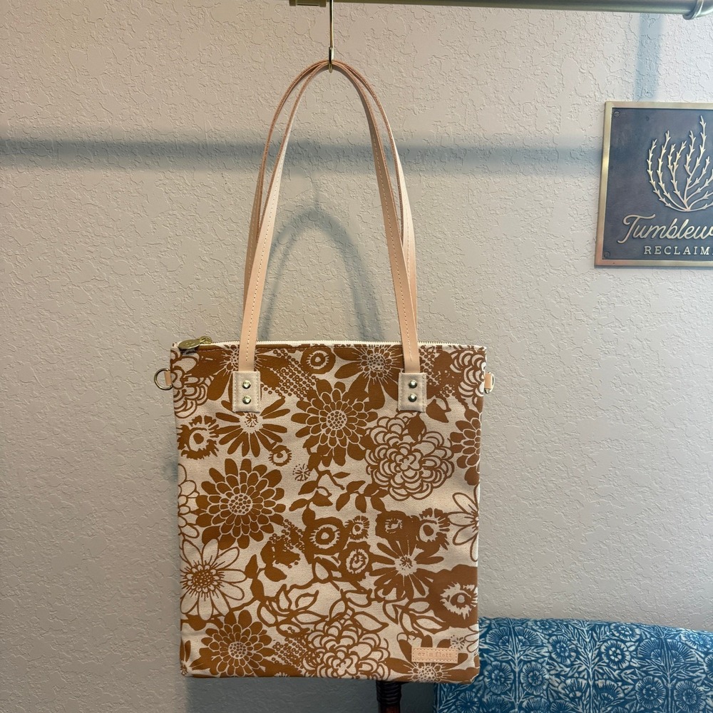 Erin Flett Floral Canvas Tote Bag Ochre Yellow‎ Leather Straps Hand Printed USA